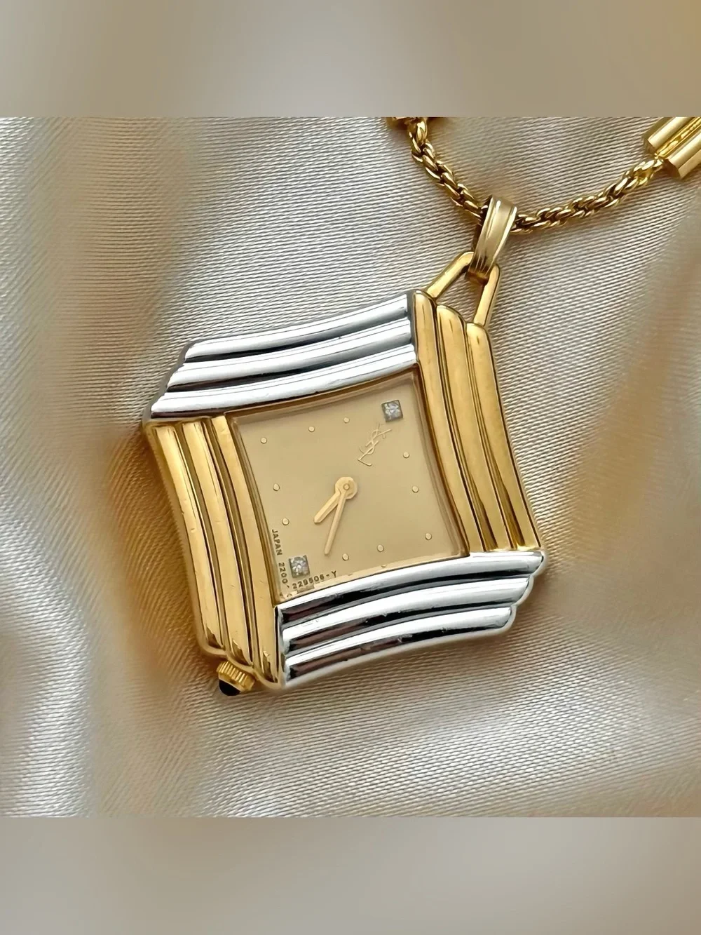 AUTHENTIC RARE VINTAGE YVES SAINT LAURENT TWO-TONED NECKLACE WATCH